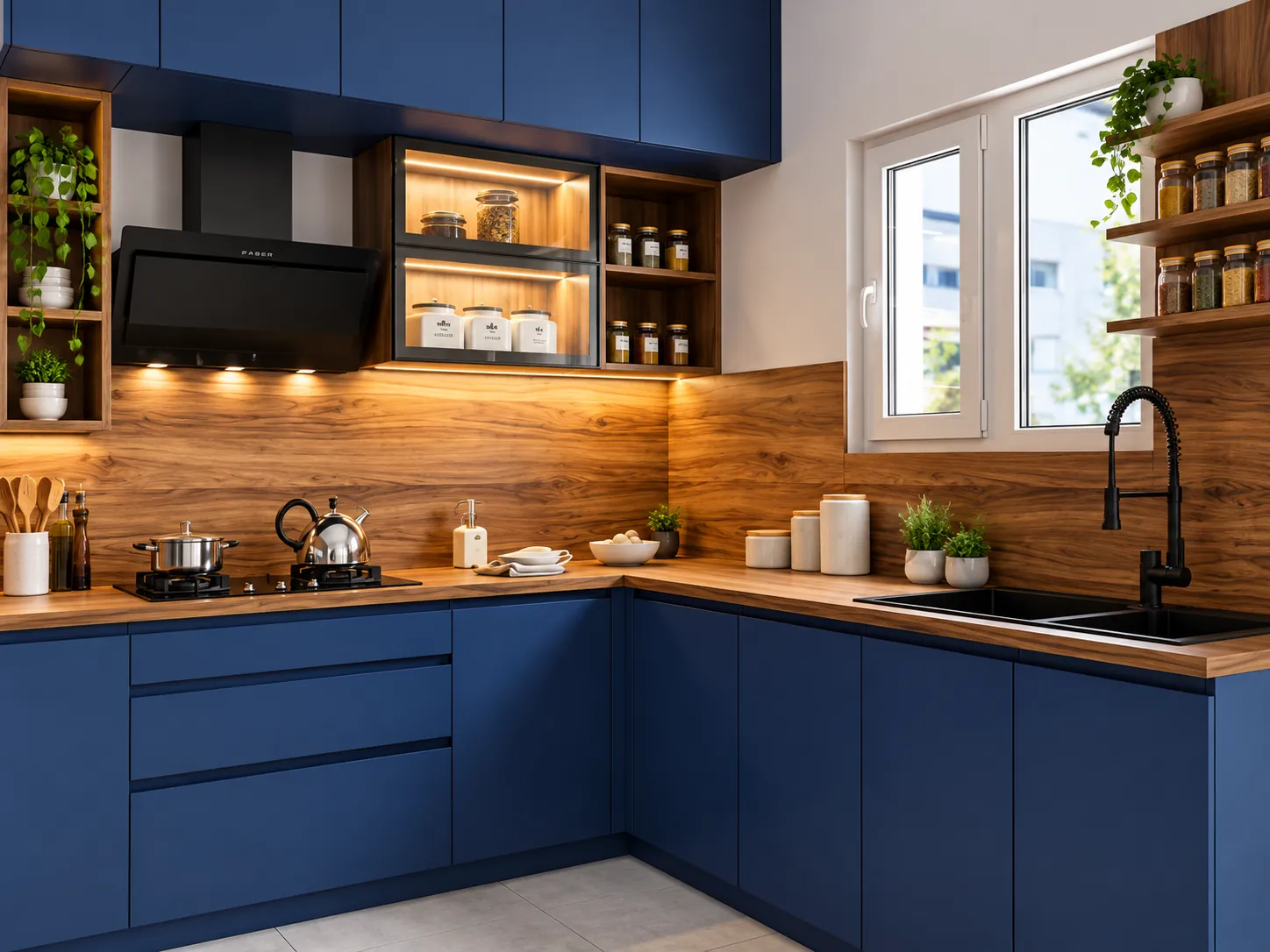 Navy blue L-shaped kitchen with wood backsplash